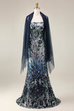 Spaghetti Straps Sparkly Navy Long Floral Beaded Prom Dress with Shawl