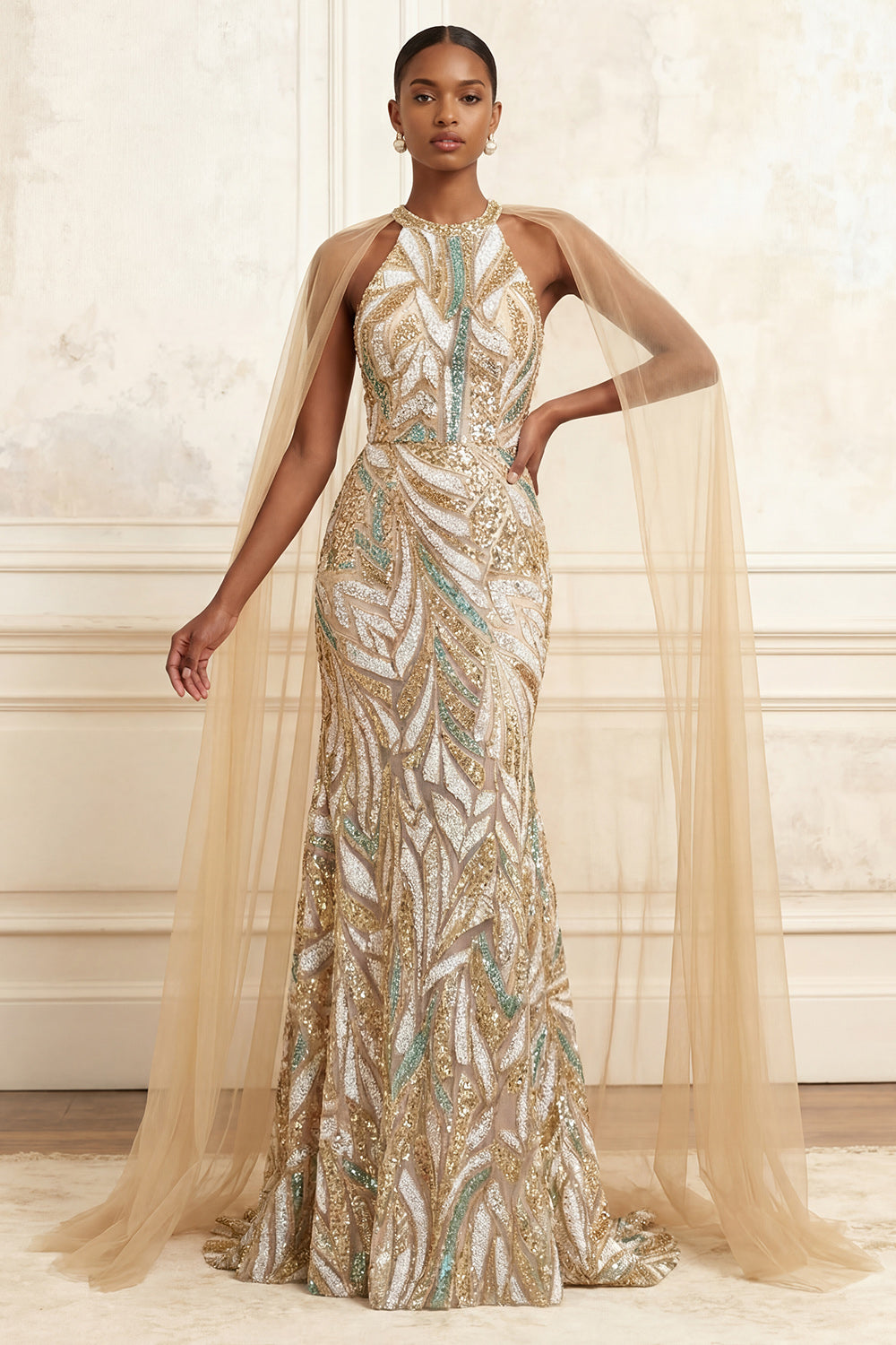 High Neck Sparkly Champagne Long Beaded Prom Dress with Cape