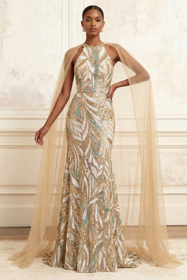 High Neck Sparkly Champagne Long Beaded Prom Dress with Cape
