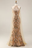 High Neck Sparkly Champagne Long Beaded Prom Dress with Cape