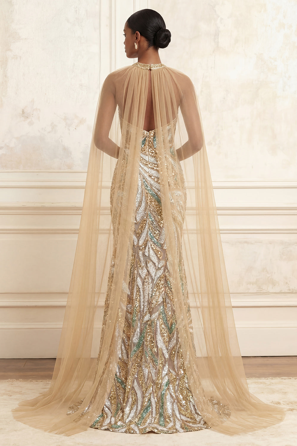High Neck Sparkly Champagne Long Beaded Prom Dress with Cape