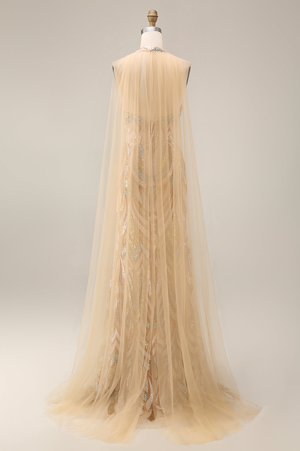 High Neck Sparkly Champagne Long Beaded Prom Dress with Cape