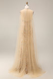 High Neck Sparkly Champagne Long Beaded Prom Dress with Cape