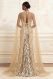 High Neck Sparkly Champagne Long Beaded Prom Dress with Cape