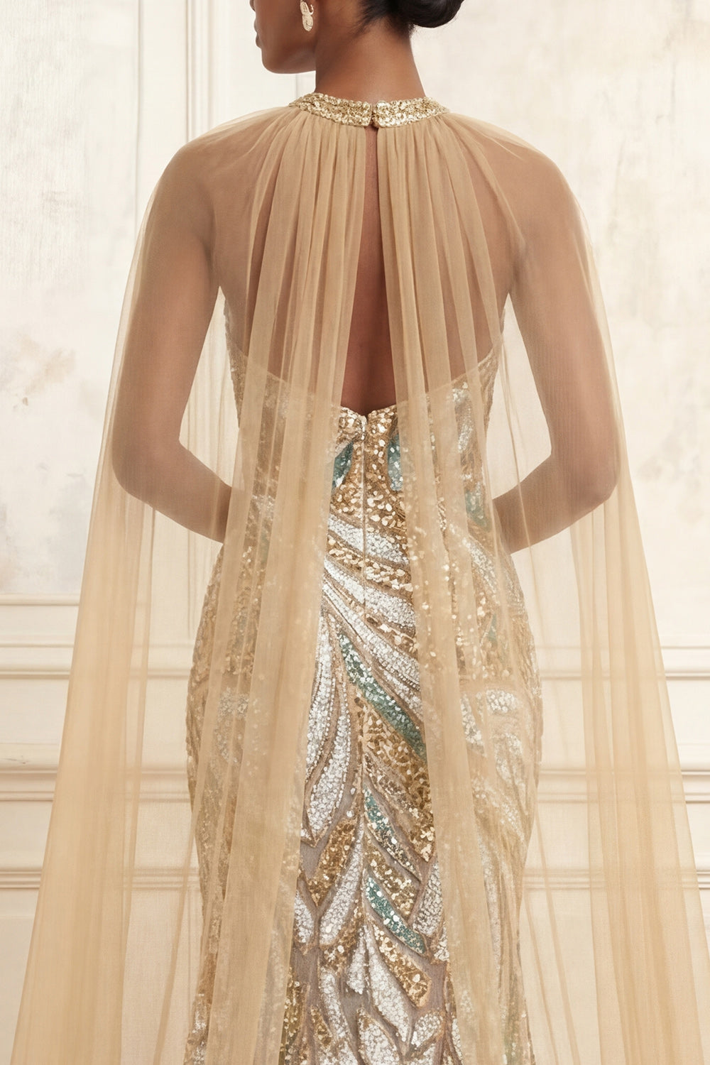 High Neck Sparkly Champagne Long Beaded Prom Dress with Cape
