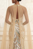 High Neck Sparkly Champagne Long Beaded Prom Dress with Cape