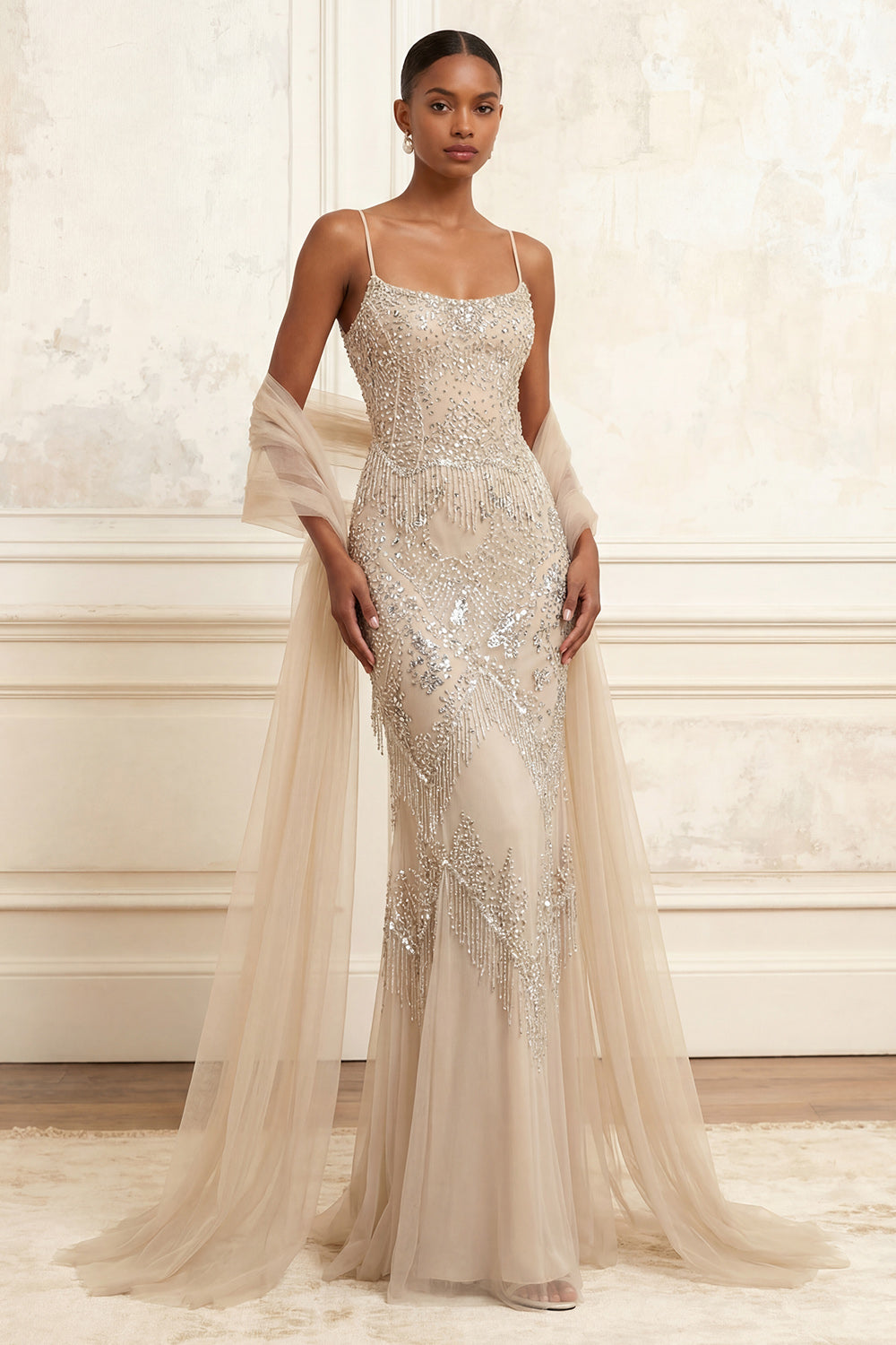 Sparkly Apricot Long Beaded Spaghetti Straps Prom Dress with Shawl