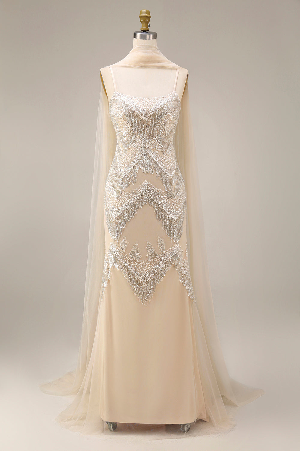 Sparkly Apricot Long Beaded Spaghetti Straps Prom Dress with Shawl