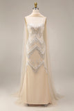 Sparkly Apricot Long Beaded Spaghetti Straps Prom Dress with Shawl