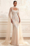 Sparkly Apricot Long Beaded Spaghetti Straps Prom Dress with Shawl