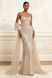 Sparkly Apricot Long Beaded Spaghetti Straps Prom Dress with Shawl