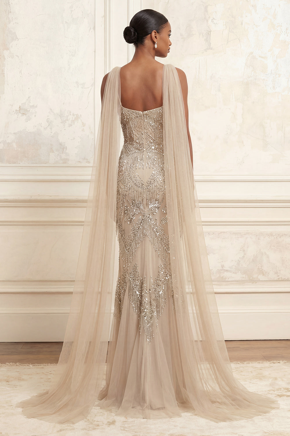 Sparkly Apricot Long Beaded Spaghetti Straps Prom Dress with Shawl