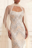 Sparkly Apricot Long Beaded Spaghetti Straps Prom Dress with Shawl