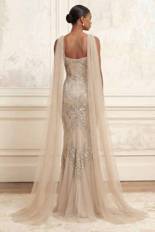 Sparkly Apricot Long Beaded Spaghetti Straps Prom Dress with Shawl