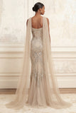 Sparkly Apricot Long Beaded Spaghetti Straps Prom Dress with Shawl