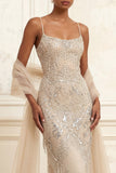 Sparkly Apricot Long Beaded Spaghetti Straps Prom Dress with Shawl