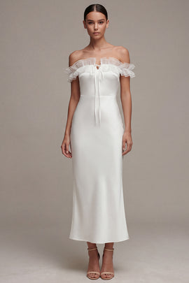 Sheath Maxi White Off the Shoulder Beach Wedding Dress with Ruffles