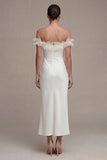 Sheath Maxi White Off the Shoulder Beach Wedding Dress with Ruffles
