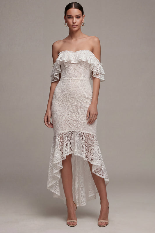 Asymmetrical Bodycon White Off the Shoulder Boho Wedding Dress with Ruffles
