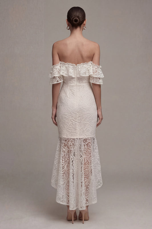 Asymmetrical Bodycon White Off the Shoulder Boho Wedding Dress with Ruffles
