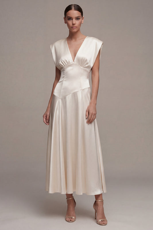 Simple A Line V-Neck Maxi Ivory Beach Wedding Dress