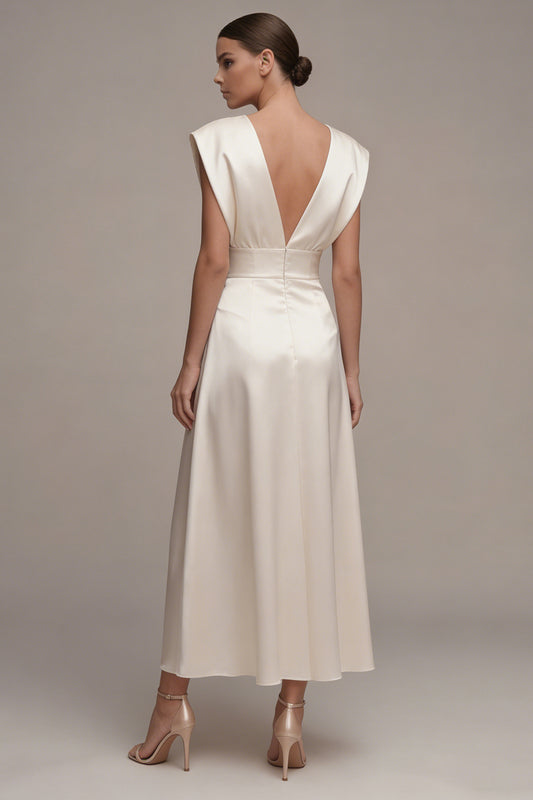 Simple A Line V-Neck Maxi Ivory Beach Wedding Dress