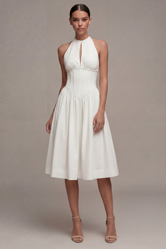 A Line Halter Midi Corset White Beach Wedding Dress