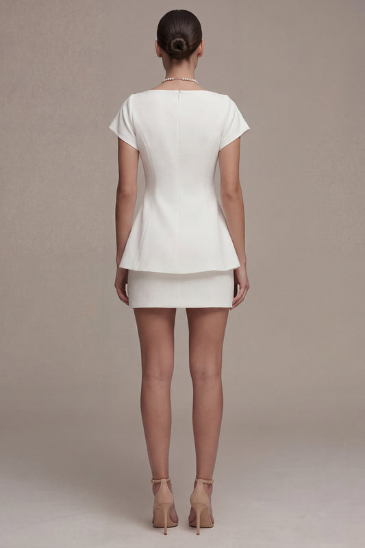 White 2 Piece Short Sleeves Bateau Neck Graduation Dress