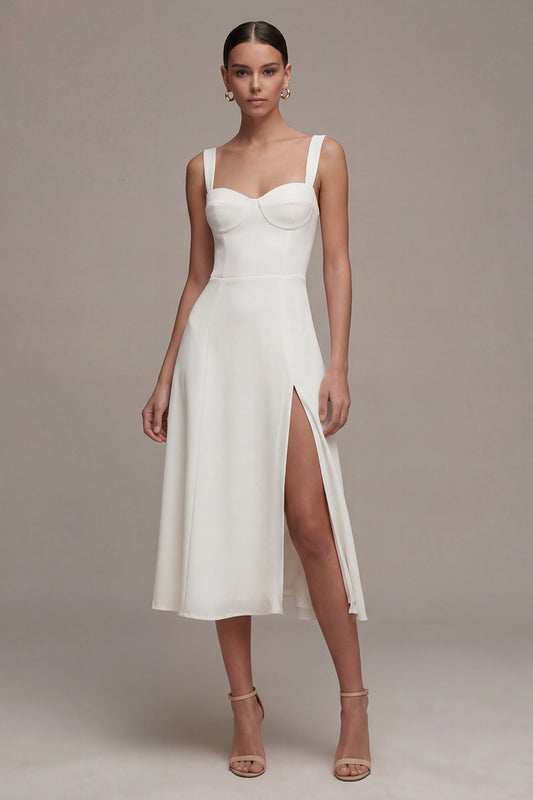 A Line Maxi Ivory Thick Straps Beach Wedding Dress with Slit