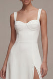 A Line Maxi Ivory Thick Straps Beach Wedding Dress with Slit