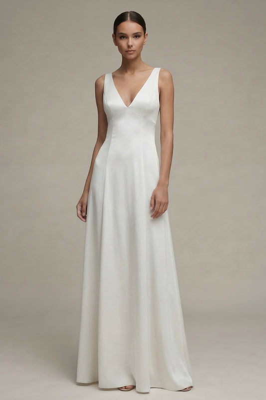Simple A Line White V-Neck Maxi Beach Wedding Dress