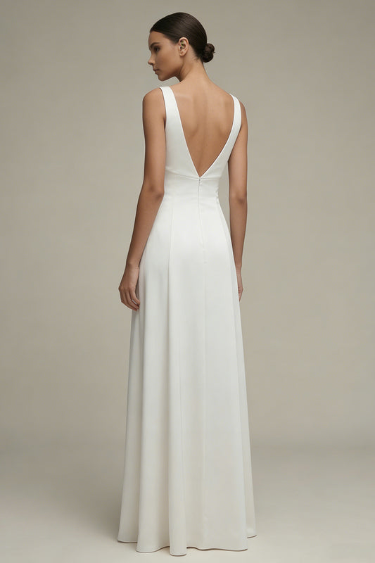 Simple A Line White V-Neck Maxi Beach Wedding Dress