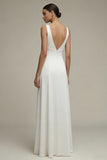 Simple A Line White V-Neck Maxi Beach Wedding Dress