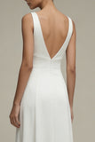 Simple A Line White V-Neck Maxi Beach Wedding Dress
