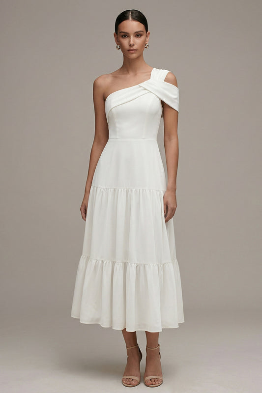 Maxi White One Shoulder A Line Beach Wedding Dress