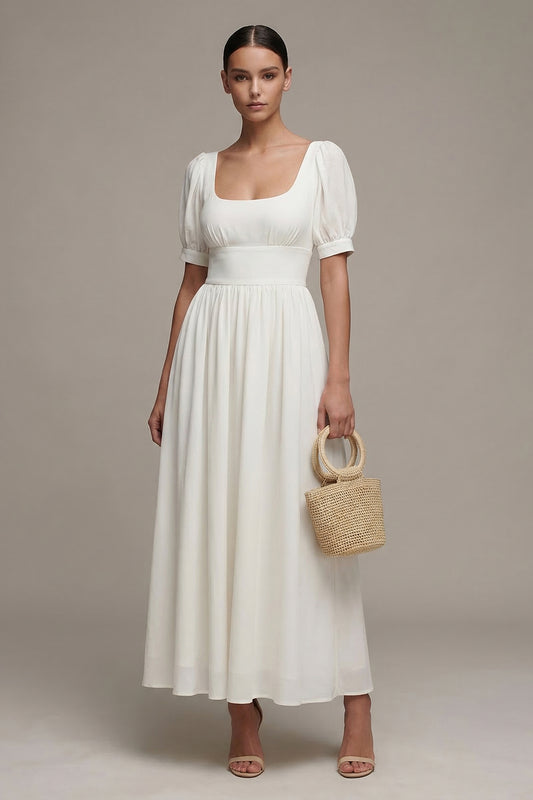 Maxi White Short Sleeves A Line Beach Wedding Dress