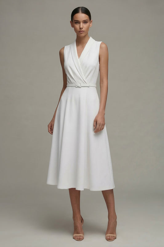 Simple White Midi A Line Shawl Lapel Work Dress
