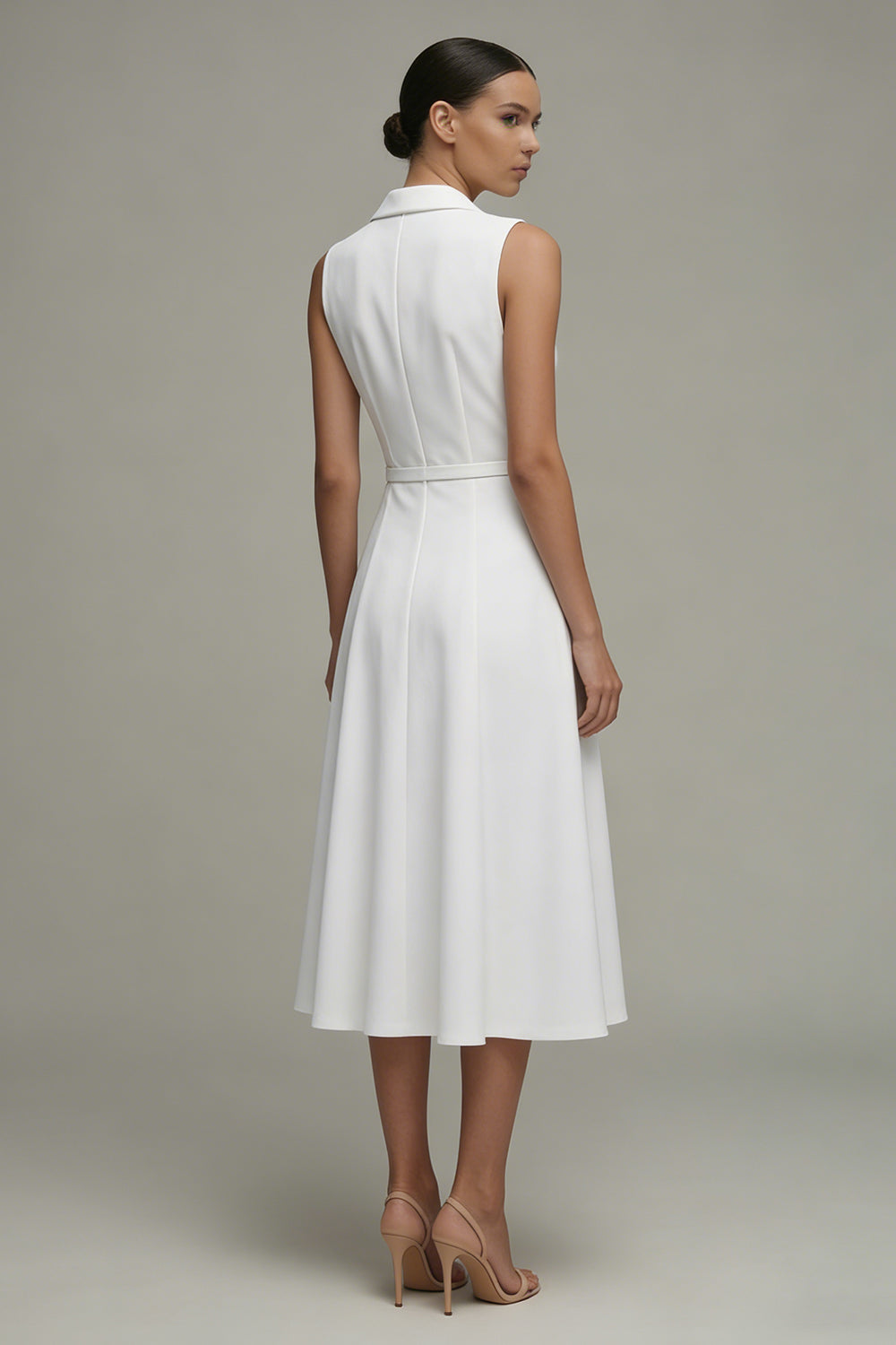 Simple White Midi A Line Shawl Lapel Work Dress