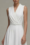 Simple White Midi A Line Shawl Lapel Work Dress