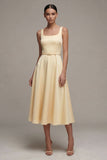 Simple Ivory A Line Square Neck Maxi Beach Wedding Dress with Belt