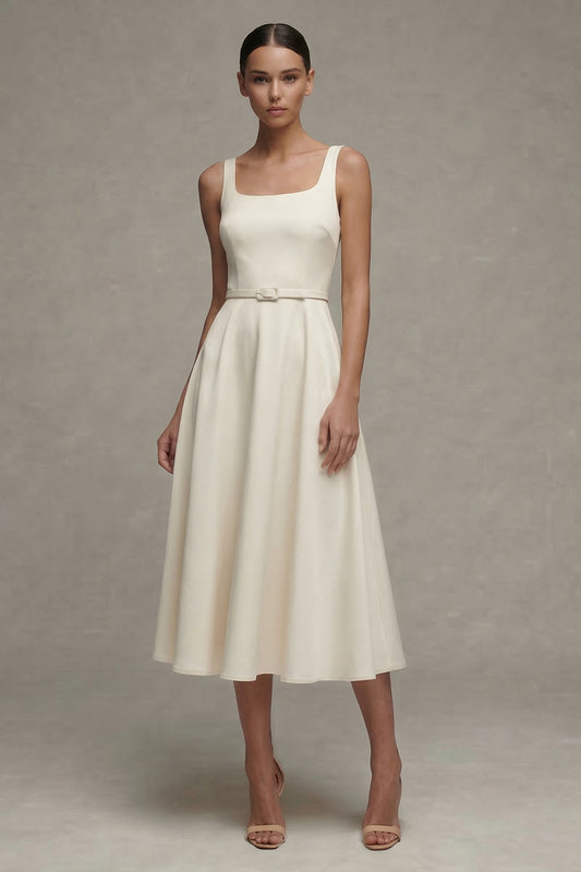 Simple Ivory A Line Square Neck Maxi Beach Wedding Dress with Belt