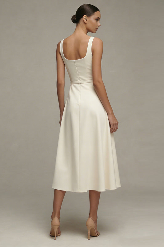 Simple Ivory A Line Square Neck Maxi Beach Wedding Dress with Belt