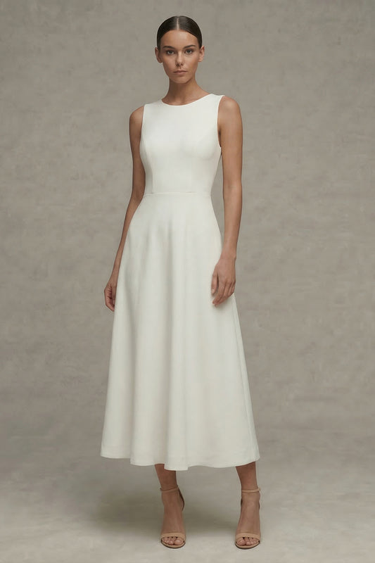Simple White A Line Round Neck Maxi Beach Wedding Dress