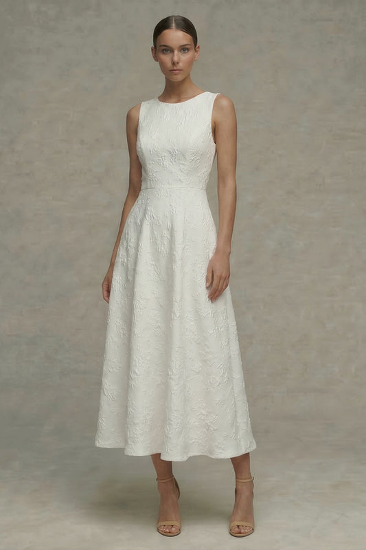 Floral Round Neck Maxi White A Line Boho Wedding Dress