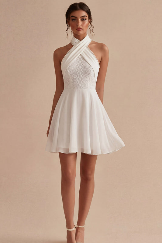 A Line Short Halter Neck Backless White Graduation Dress with Lace