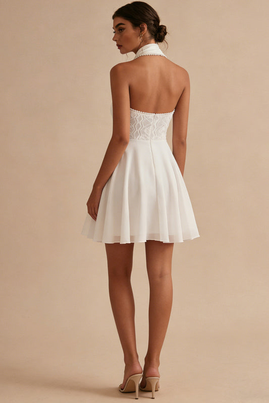 A Line Short Halter Neck Backless White Graduation Dress with Lace