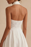 A Line Short Halter Neck Backless White Graduation Dress with Lace