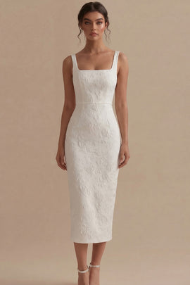 Zapakasa Women White Floral Bodycon Maxi Beach Wedding Dress Satin Square Neck Engagement Dress with Back Slit
