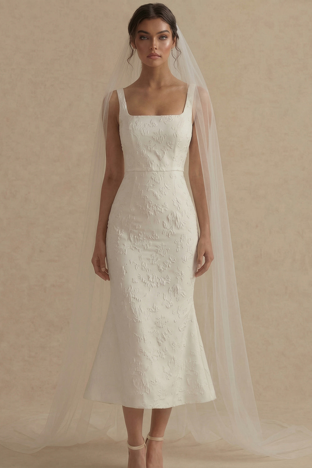 White Floral Mermaid Maxi Beach Wedding Dress Satin Square Neck Engagement Dress