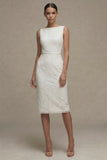 Bodycon Floral Bateau Neck Midi White Boho Wedding Dress